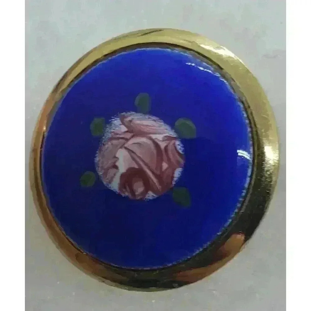 Vintage Brooch Blue Guilloche Enamel Hand Painted Pink Rose Gold Tone Frame